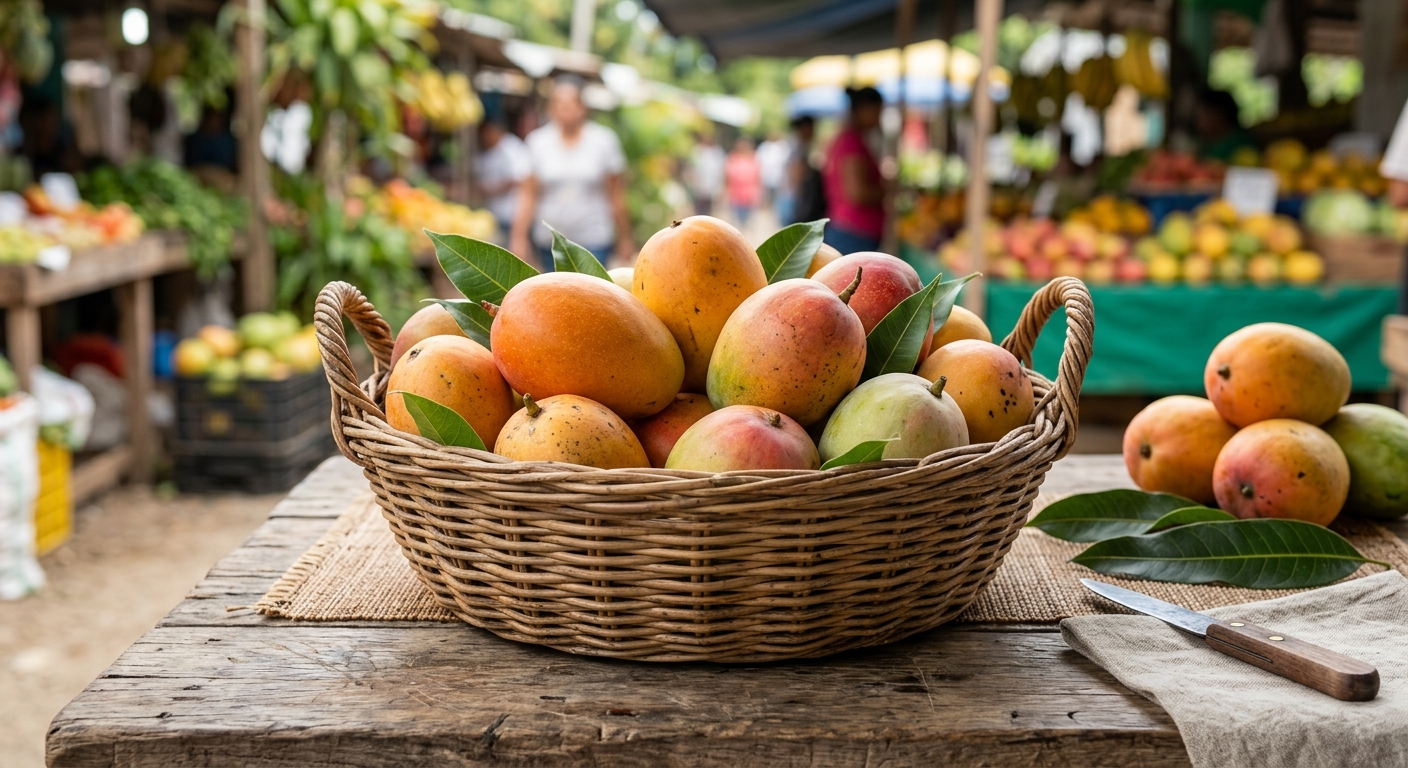 Canasta de mangos maduros