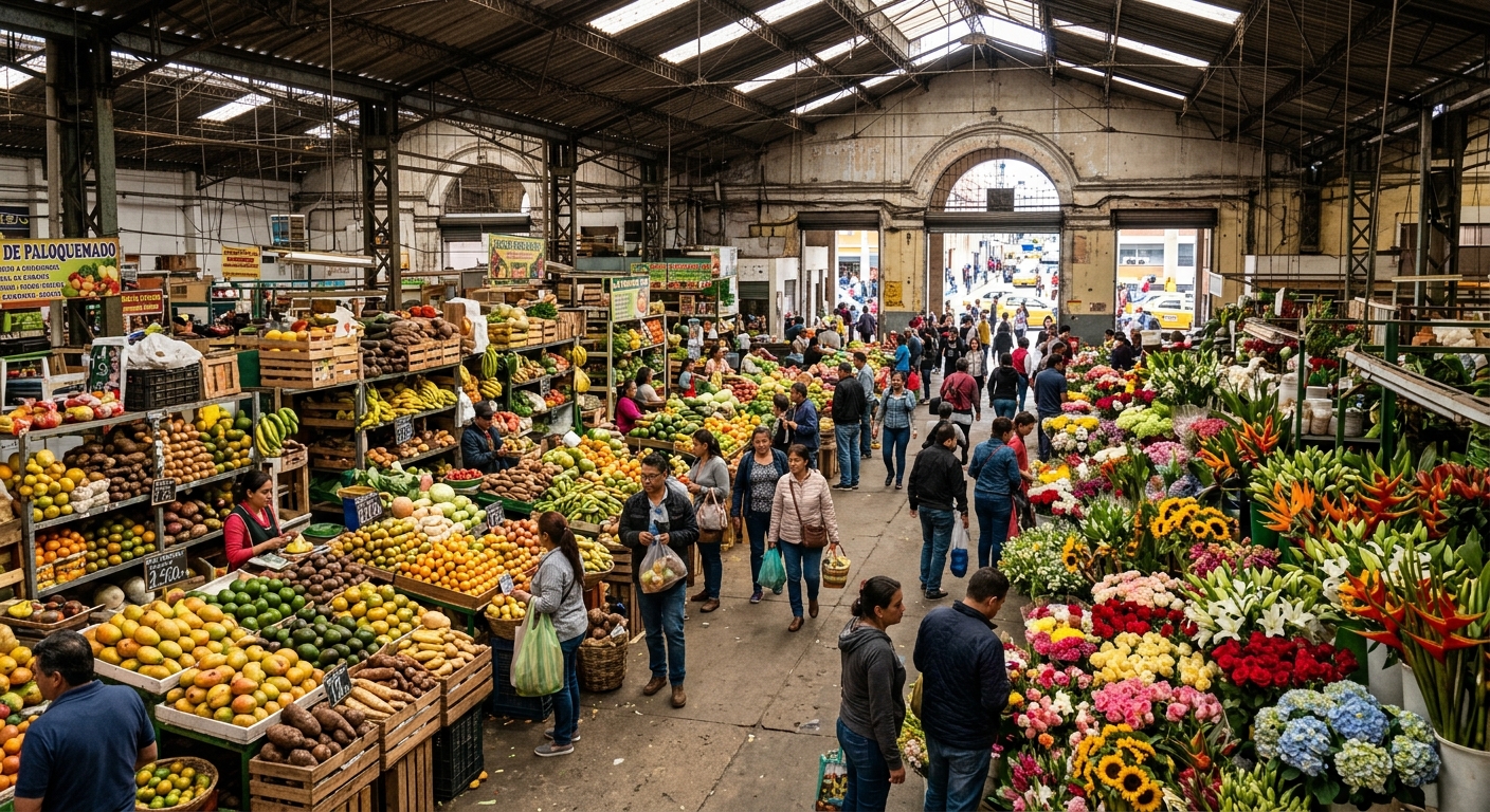 Puestos de fruta en la Plaza de Paloquemao con clientes comprando